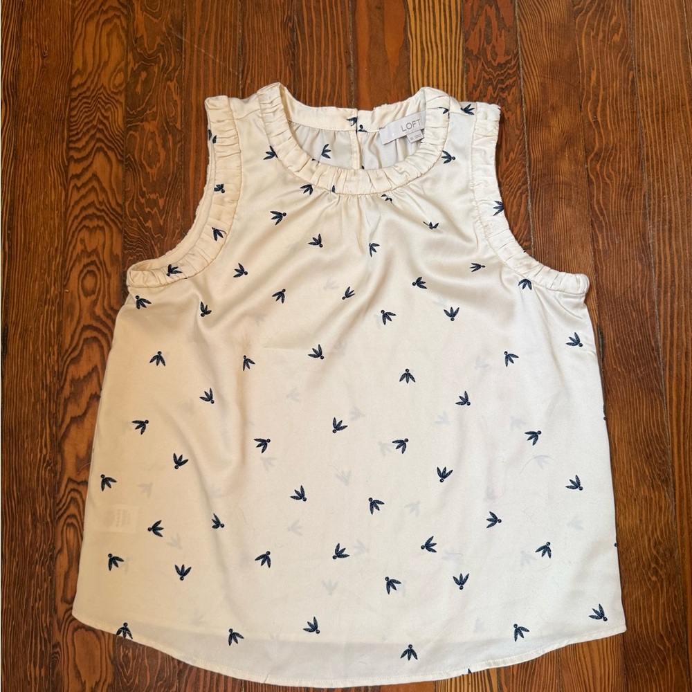 LOFT Ruched Trim Sleeveless Shell with Blue Bird Pattern - Picture 2 of 7